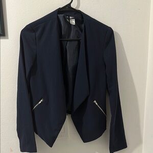 Divided Blue Cropped Blazer with Asymmetric Lapels